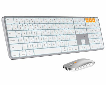 ProtoArc KM100-A Backlit Bluetooth Keyboard and Mouse for Mac, White Silver | Full-Size Mac Layout with Numeric Keypad, 3-Level White Led Backlight, 3-Device Bluetooth, Rechargeable Keyboard and Mouse - color: White Silver