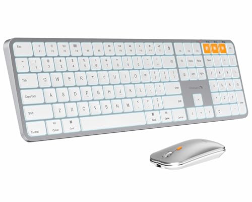 ProtoArc KM100-A Backlit Bluetooth Keyboard and Mouse for Mac, White Silver | Full-Size Mac Layout with Numeric Keypad, 3-Level White Led Backlight, 3-Device Bluetooth, Rechargeable Keyboard and Mouse - color: White Silver