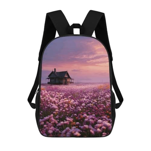17 In Laptop Backpack Water Resistant Travel Backpack Black | Sunset And Flower Sea, Breathable Airflow Back Panel, Adjustable Ergonomic Shoulder Straps, Foam-Padded Top Carry Handle