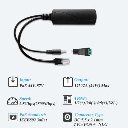 2.5G Ethernet PoE Splitter 12V/2A with DC Female Connector, DC 5.5 * 2.1mm Plug, 48V PoE to DC 12V/2A 24W Output, Compliant with IEEE 802.3af/at for DIY & Various Scenarios (PS5712TG-B) - style: (PS5712TG-B) 12V/2A with Female Connector