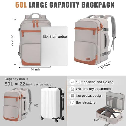 50L Travel Backpack, Flight Approved Carry On Laptop Backpack | Water-resistant, Fits 18 inch laptop, Hiking, Camping, Business, Commute, Men & women - color: Grey, size: X-Large