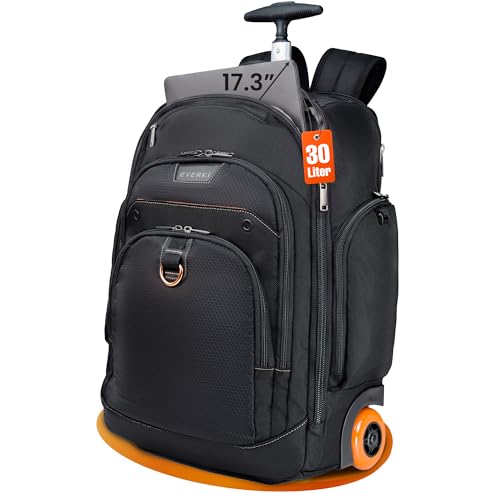 EVERKI Atlas Wheeled 2 Laptop Rolling Backpack for Men & Women, Black - 30L | Polyester, Unisex Professional Design, Padded compartment, RFID, Roller, Business & Work, Travel-Friendly, Fits 13\"-17.3\" - size: Atlas Wheeled V2 - 30L