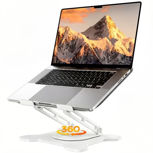 JCZT 360° Rotating Laptop Stand for Desk, Metal Foldable Laptop Riser White | Ergonomic Portable Adjustable Laptop Stand, Ventilated Cooling Notebook Holder for MacBook Air Pro, All 10-16'' Laptops - color: White
