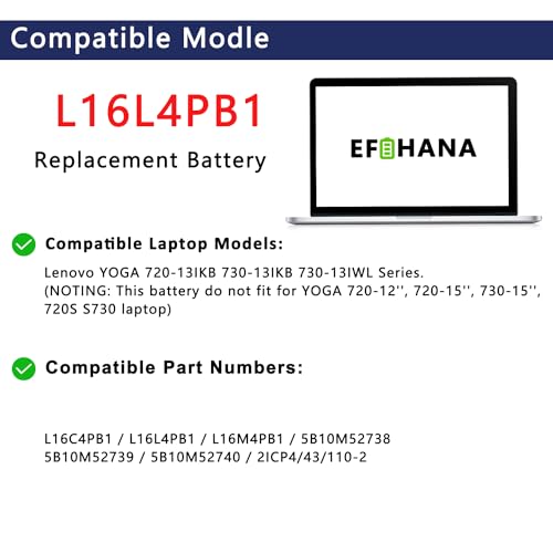 L16L4PB1 L16M4PB1 L16C4PB1 Laptop Battery Replacement for Lenovo ideapad Yoga 720-13IKB 730-13IKB Yoga 730-13IWL Series Notebook 5B10M52738 5B10M52739 5B10M52740 7.72V 48Wh 6217mAh 4-Cells - size: 9.65×3.35×0.26 in L16L6PB1