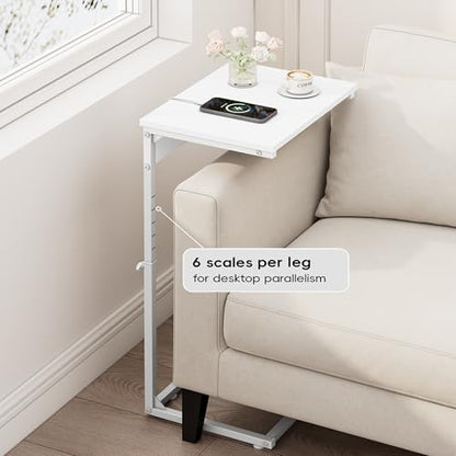 C Shaped End Table with Charging Station, Adjustable Height Side Table for Couch, Small End Table Small Spaces, 33.2'' Tall Couch Tables that Slide Under, Tv Tray Table for Living Room, White - color: White (1 Pack), style: With Plug