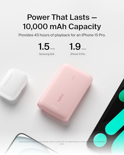 Belkin 10000mAh 20W USB C Power Bank, Portable Charger for iPhone & iPad | Fast Charging, Integrated USB C Cable, Eatra USB C Port, iPhone 17, iPad, Samsung Galaxy S26, Charge 2 Devices - color: Pink, style: 10K mAh