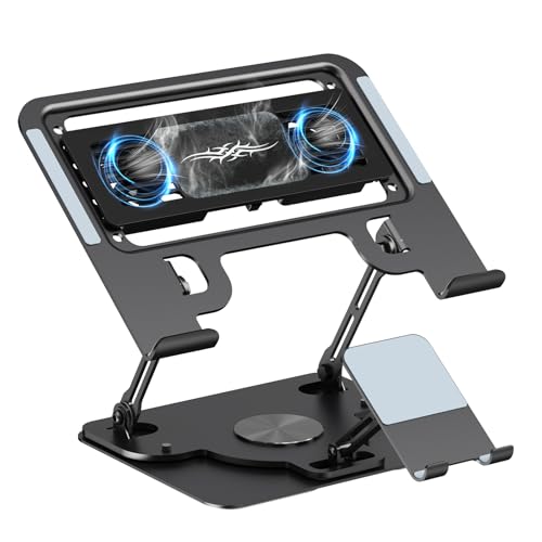 Laptop Cooling Pad with Detachable Fan & Cooler, 2-in-1 Laptop & Phone Stand, Adjustable Angle, 360° Rotatable Base, Carbon Steel, Ultra-Quiet & Super Sturdy for Laptop (Black) - color: Black