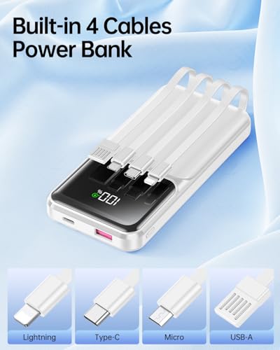 RONEGN Portable Charger with Built in Cable -20000mAh Fast Charging Power Bank USB C Slim 22.5W LED Display Battery Pack 5 Outputs & 3 Inputs for Travel Essentials iPhone Samsung Phones White - color: White