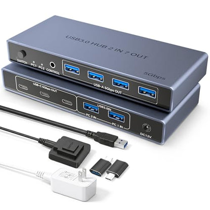 USB 3.0 Switch 2 in 7 Out, USB Switcher for 2 Computers Share 4 USB-A + 3 USB-C Devices - 5Gbps USB Switch Hub for Laptop Keyboard Mouse Printer with Controller, USB C Male Adapter, Power Adapter