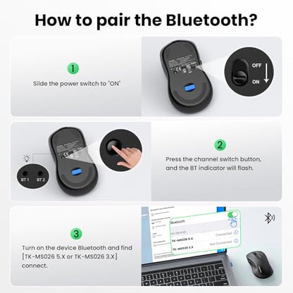 TECKNET Rechargeable Bluetooth Mouse, [ USB + BT5.0 + BT3.0 ] Wireless Mouse, Ergonomic Design, Silent Click, 6-Level 4800 DPI Wireless Mice, 3-Device Switching for Laptop, Computer, MacBook（Black） - color: Black