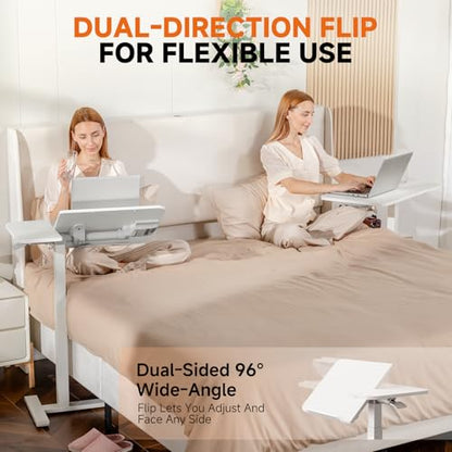 COMHOMA Tiltable Mobile Small Standing Desk, Pneumatic Adjustable Height Overbed Bedside Table with Wheels, Sit Stand Portable Rolling Laptop Desk Computer Workstations, White - color: White
