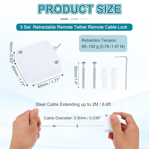 PATIKIL Retractable Remote Control Cable Tether (6.6ft /2M, White)(3 Set) Remote Control Security Lanyard Lock Adjustable Locking Leash with Plastic Cap and Screws, Suit for - TVs/Tablets - color: White, size: 6.6 ft