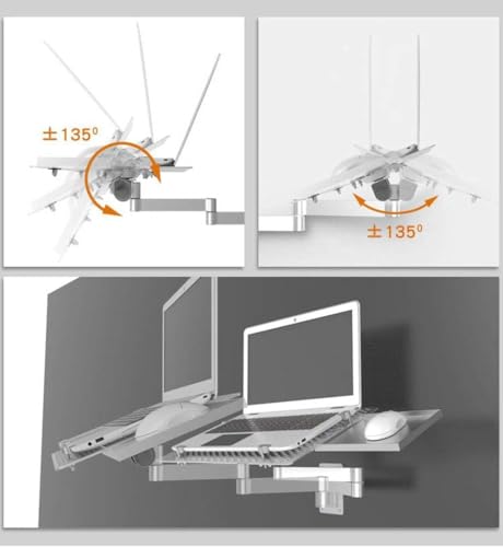 Monitor and Computer Stand, Wall Mount Computer Stand Extra Long Arm Stand with Tray, Ventilated Cooling Platform, Laptop Tray, Full Motion Articulating Laptop Tray
