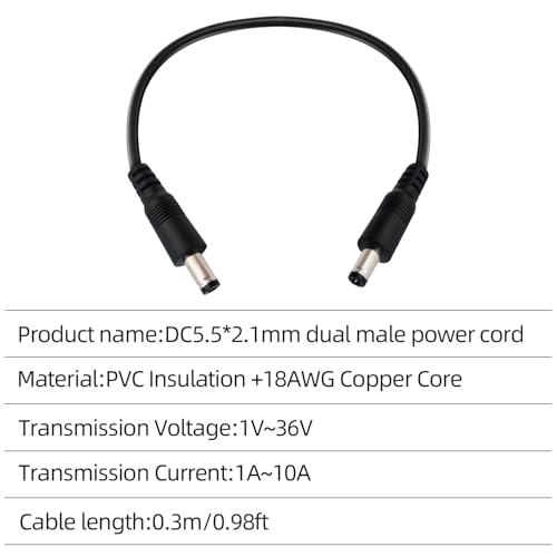 DC5.5x2.1mm 12V Male to Male Cable 18AWG Male to Male Extension Cable 12V Emergency Power 5521 Connector(1ft-2pcs)