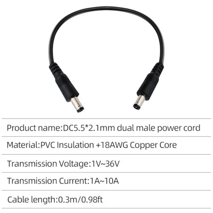 DC5.5x2.1mm 12V Male to Male Cable 18AWG Male to Male Extension Cable 12V Emergency Power 5521 Connector(1ft-2pcs)