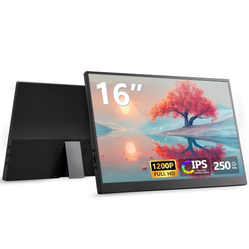 16 Inch Portable Laptop Monitor FHD 1200P IPS 60hz, USB-C&HDMI External Secondary Screen with Integrated Kickstand, Laptop Compatible, Perfect for Multi-Screen Office Work - size: 16-inch