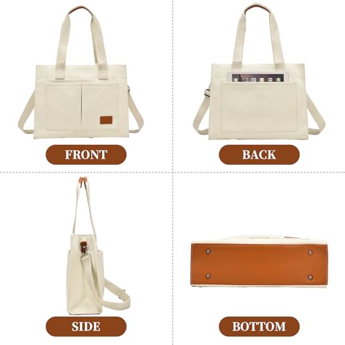 Canvas Laptop Tote Bag for Women | 15.6" Laptop Compartment - color: Ivory