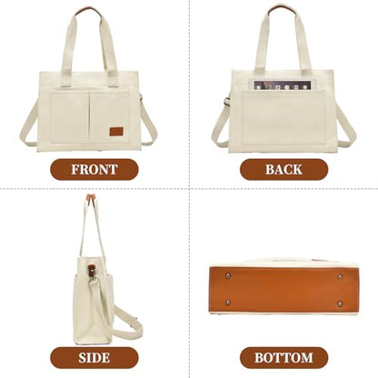 Canvas Laptop Tote Bag for Women | 15.6" Laptop Compartment - color: Ivory