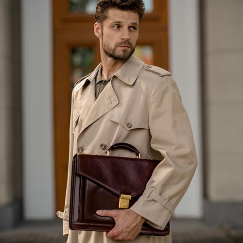 Time Resistance Leather Briefcase for Men - Business Laptop Bag - Italian Handmade Leather Bag - Attache - Gift Box Included - color: Brown