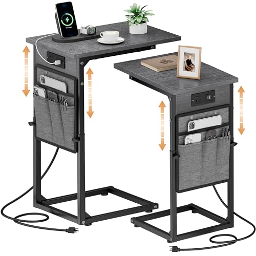 Vagusicc C-Shaped End Tables Set of 2 with Charging Station, 33'' Tall C Table Adjustable Height Side Table for Couch, Small Couch Table that Slide Under Sofa, TV Trays for Living Room, Gray Walnut - color: 2pc Gray Walnut, style: With Plug