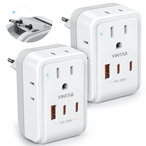 VINTAR 2 Pack European Travel Plug Adapter, PD 20W Type C Foldable Adaptor | 7 in 1 with 4 AC Outlets 3 USB Ports(2 USB C), International Power Adaptor for US to Most of Europe EU Italy Spain France - style: 20W-Type C - Most of Europe