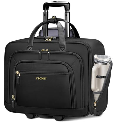 Ytonet Rolling Laptop Bag Women, 17.3 Inch Laptop Briefcase with Large Cup Holder, Carry On Luggage with Insulated & Waterproof Pocket, Roller Bag with Lock, Teacher Bag for Work Travel,Black - color: Black