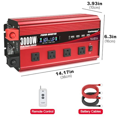 Cantonape 3000W Power Inverter 12V to 110V/120V DC to AC with LCD Display, Remote Controller 4 x AC Outlets and 4 x 3.1A USB Car Adapter for Car Truck Boat RV Solar System - size: 3000W-12V