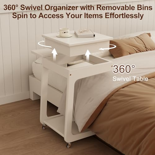 Solid Wood C Shaped End Table for Couch,White C Table with Wheels,Rolling Side Table with Storage,Couch Desk with Adjustable Desktop,Rolling Tv Tray with Folding Shelf,Modern Couch Table - color: White