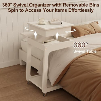 Solid Wood C Shaped End Table for Couch,White C Table with Wheels,Rolling Side Table with Storage,Couch Desk with Adjustable Desktop,Rolling Tv Tray with Folding Shelf,Modern Couch Table - color: White