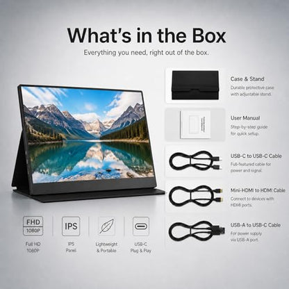 15.6" Portable Monitor, 1.28lb Ultra-Light 1080P FHD Laptop Screen | Anti-Glare, Low Blue Light, 85% sRGB, USB-C, HDMI, Kickstand Case External Monitor for Laptop, MacBook, Switch, PS5, Xbox - size: 15.6