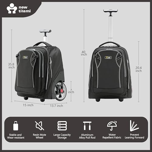 NEW TILAMI 20 Inch Rolling Backpack for School Stair-Climbing Big Wheel | Teen Boys Girls Carry-on Suitcase Large Organizer Compartment 15.6 Laptop Sleeve Adjustable Handle Roller Travel Bag College - color: Black