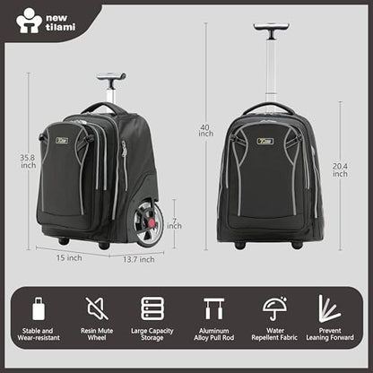 NEW TILAMI 20 Inch Rolling Backpack for School Stair-Climbing Big Wheel | Teen Boys Girls Carry-on Suitcase Large Organizer Compartment 15.6 Laptop Sleeve Adjustable Handle Roller Travel Bag College - color: Black