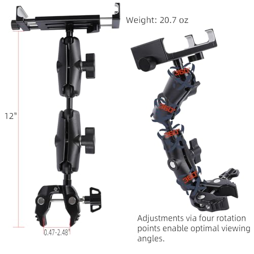 Aluminum Dual Arm Tablet Mount with Super Clamp for Rails 0.5'' to 2'' in Diameter, Side Mount Tablet Holder for Mic Stand, Compatible with iPad Pro 12.9 Air Mini, Galaxy Tab, 4.7-12.9" Tablets