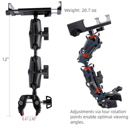 Aluminum Dual Arm Tablet Mount with Super Clamp for Rails 0.5'' to 2'' in Diameter, Side Mount Tablet Holder for Mic Stand, Compatible with iPad Pro 12.9 Air Mini, Galaxy Tab, 4.7-12.9" Tablets