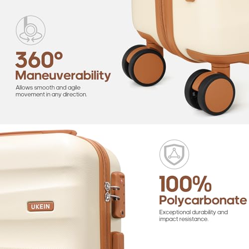 UKEIN Luggage Set with Backpack,Hardshell Carry On Luggage Airline Approved | 20inch Suitcase Set with 360° Smooth Spinner Wheels,TSA Lock,YKK Zippers,Lightweight 3 Piece,Polycarbonate - color: Beige, size: Carry On 3 Piece Set (20inch)