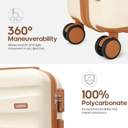 UKEIN Luggage Set with Backpack,Hardshell Carry On Luggage Airline Approved | 20inch Suitcase Set with 360° Smooth Spinner Wheels,TSA Lock,YKK Zippers,Lightweight 3 Piece,Polycarbonate - color: Beige, size: Carry On 3 Piece Set (20inch)