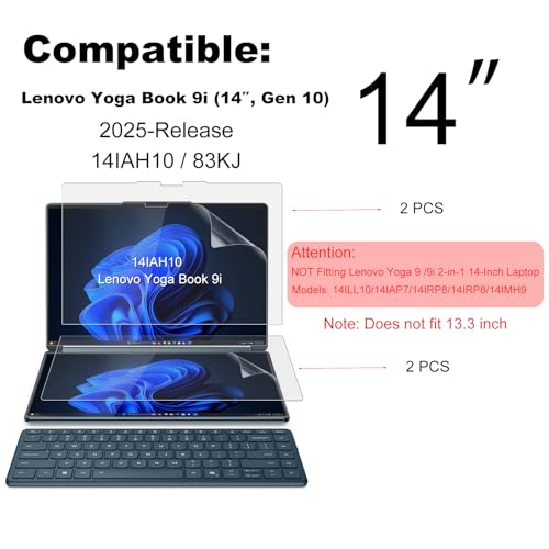 2-Pack (Tempered Glass) Screen Protector for 2025 New Lenovo Yoga Book 9i Dual (14IAH10) 2-in-1 Laptop 14 Inch-(1 Sets - Primary and Secondary Screens) -Ultra Clear, 9H Hardness, Anti Scratch