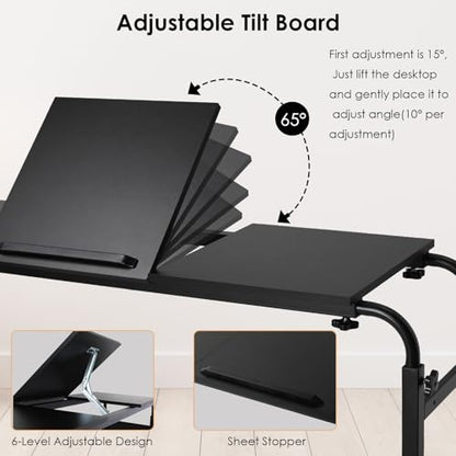 Overbed Table with Wheels,60.6-84.2 inches Mobile Bed Desk, Black | Rolling Computer Desk with 0-65°Tilt Stand,4 Heights and 6 Lengths,Side Storage Basket,for Home,Office and Hospital - color: Black