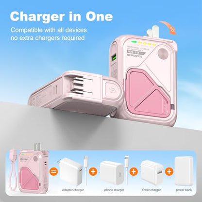 SEANCHEER P05 Portable Charger, Magnetic Power Bank, Small PowerBank, Battery Pack10000mAh Travel Essentials Fast Charging with Built in Cable, Foldable Wall Plug for iPhone,Samsung,Andriod (Pink) - color: Pink