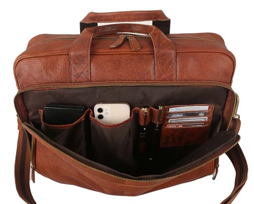 KomalC Leather briefcase 16 inch Laptop Messenger Bag for Men and Women Best Office Satchel Bag - color: Wash Tan