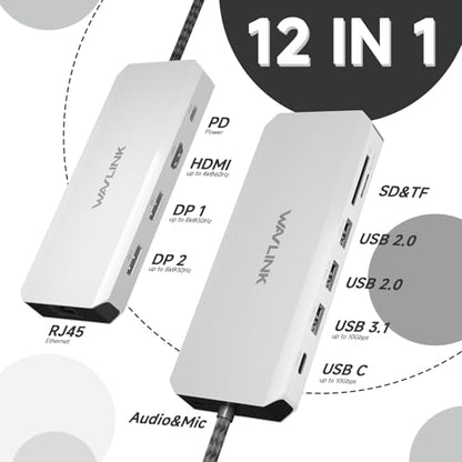 Laptop Docking Station,WAVLINK Triple Monitors Dock,Dual DisplayPort,HDMI | Single 8K@30Hz, 100W PD in, 3×USB-C/A 10Gb, 2.5G Ethernet, SD/TF and Mic/Audio, Compatible with Dell/HP/Lenovo, Windows Only