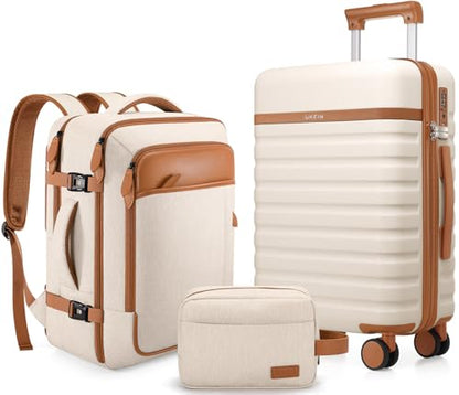 UKEIN Luggage Sets 3 Piece, PC Hardside Carry On Luggage 28 Inch With Spinner Wheels with TSA Lock, Carry On Suitcase Set With Travel Backpack for Men (Beige, 3 piece set (28inch)) - color: Beige, size: 3 piece set (28inch)
