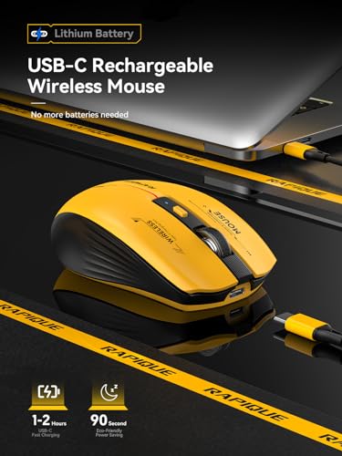 RAPIQUE Bluetooth Wireless Mouse - (BT1/BT2+USB Receiver) Tri-Device Compatibility for PC, Laptop, Computer, MacBook, Tablet (Black and Yellow) | 3-Device Switching, USB-C Rechargeable, Quiet Clicks, 800/1200/1600 DPI, 6 Buttons, Ergonomic Grip, For Lapto
