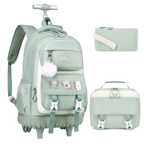 DIGOBAY Rolling Backpack for Girls, Roller Bag with Lunch Box Pencil case | Kawaii Girls Roller Backpack With Wheels School Bookbag With Cute Pins for Elementary Middle School, Green - color: Green