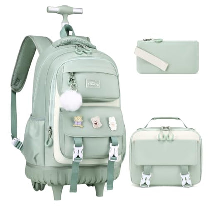 DIGOBAY Rolling Backpack for Girls, Roller Bag with Lunch Box Pencil case | Kawaii Girls Roller Backpack With Wheels School Bookbag With Cute Pins for Elementary Middle School, Green - color: Green