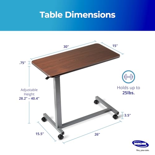 Invacare Bed Table, Height Adjustable Overbed Table, Hospital Bedside Table, Medical Rolling Desk with Wheels, Waterproof Medical and Home Use L-Shaped Steel Base Over Bed Tray Table - style: Non-Tilting Table
