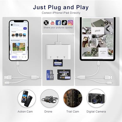 3-in-1 SD Card Reader for iPhone with Lightning/USB-C/USB-A - XD,SD,MicroSD Memory Card Adapter up to 2TB, Compatible with iPhone 16/15/14, iPad, Android, MacBook,PC,Camera & Drone