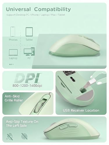 RAPIQUE Bluetooth Wireless Mouse, Dual Bluetooth & 2.4GHz, Sage Green | Right-Hand Ergonomic Grip, Quiet Clicks, Low Power, 3-device Switching, 6-button USB receiver for MacBook, Laptop, Computer - color: Sage Green