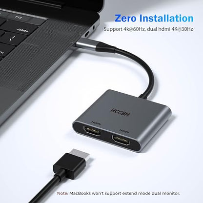 USB C to Dual HDMI Adapter, Dual Monitors Adapter USB C Hub with 2 HDMI Docking Station 4K @60hz for Laptop HP Dell Surface Thinkpad… - color: Silver
