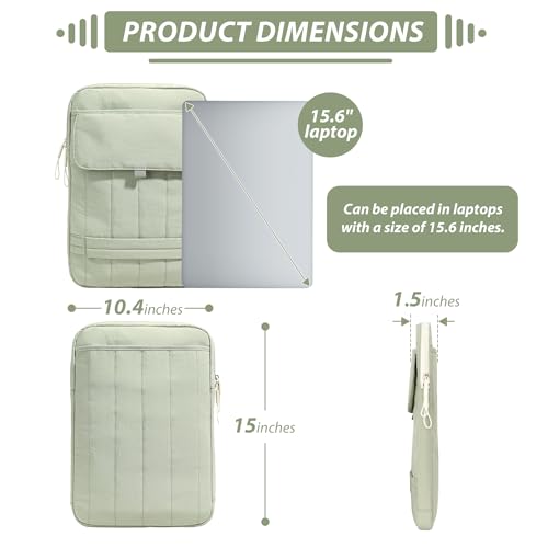 15.6 Inch Puffy Laptop Sleeve with Handle for Women Men, Green | Compatible with Macbook Pro/Air/Neo Laptops, Laptop Case with Luggage Strap, Vertical Quilted Shoulder Bag for Travel Work - color: Green